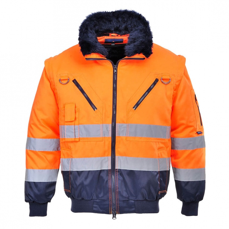 Portwest PJ50 HI-Vis 3-in-1 Pilot Jacket with Detachable Fur Lining and Collar with Detachable Sleeves